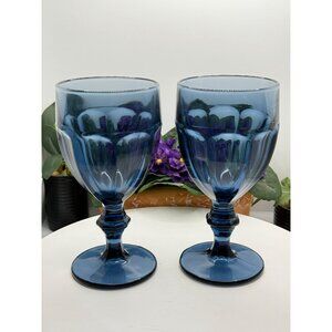 Pair Of Vintage Libbey Duratuff 6.75" Blue Gibraltar Goblet Water Iced Tea Glass